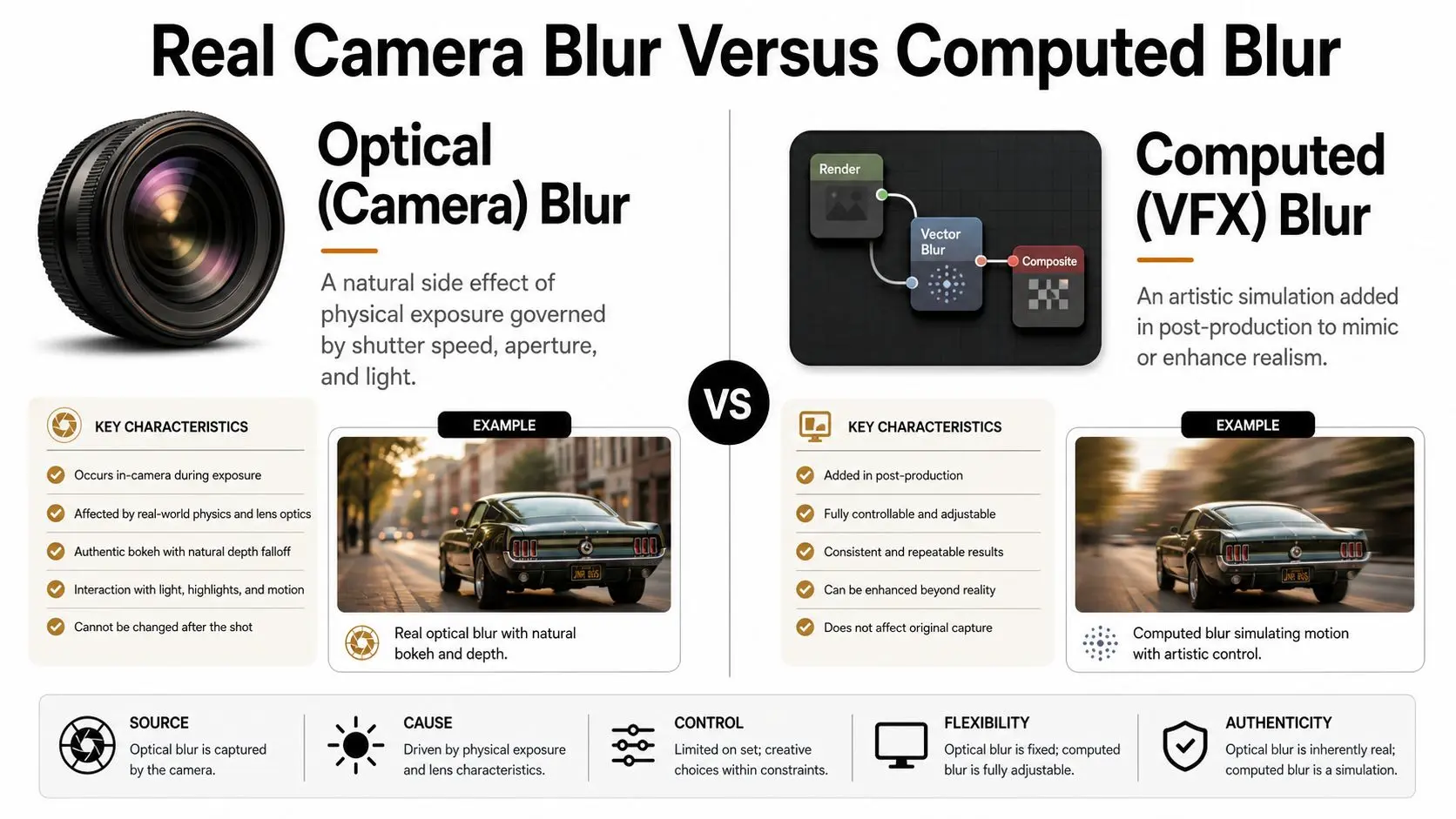 A comparative infographic explaining the differences between natural optical camera blur and digital computed post-production motion blur.