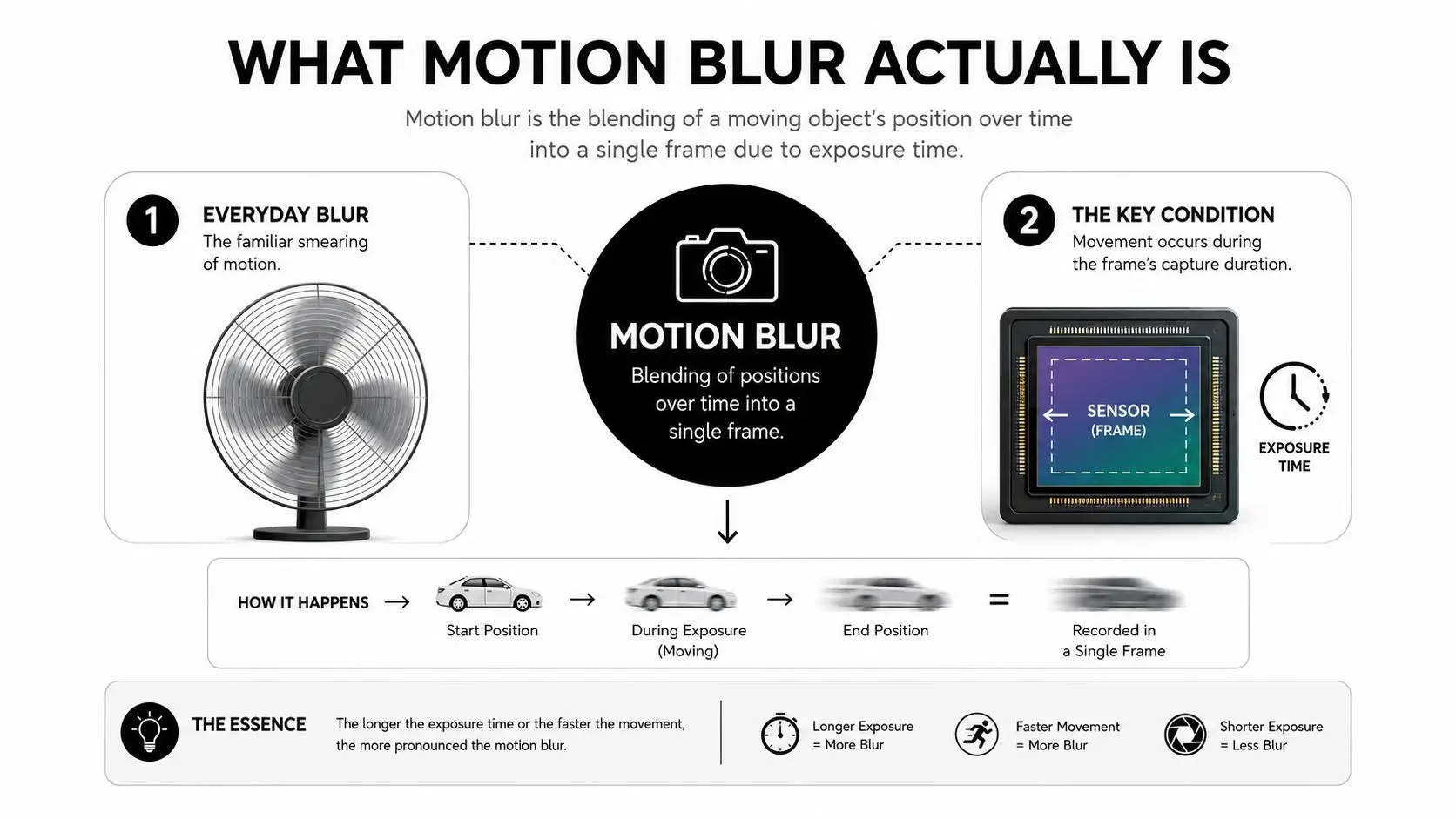 An infographic explaining motion blur as the blending of a moving object's positions during camera exposure time.