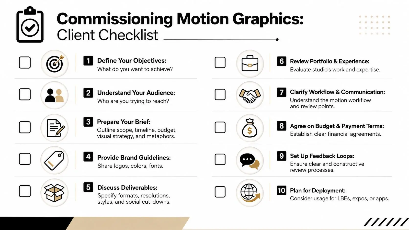 A professional 10-step checklist for clients commissioning motion graphics projects to ensure effective project management.