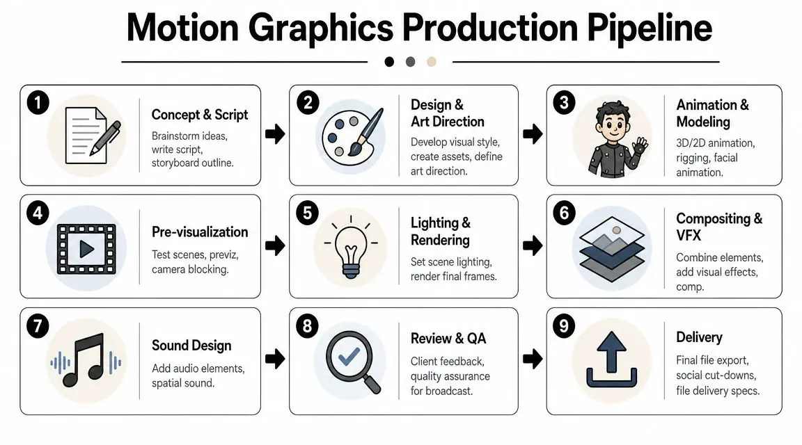 A nine-step infographic illustrating the professional motion graphics production pipeline from concept to final delivery.