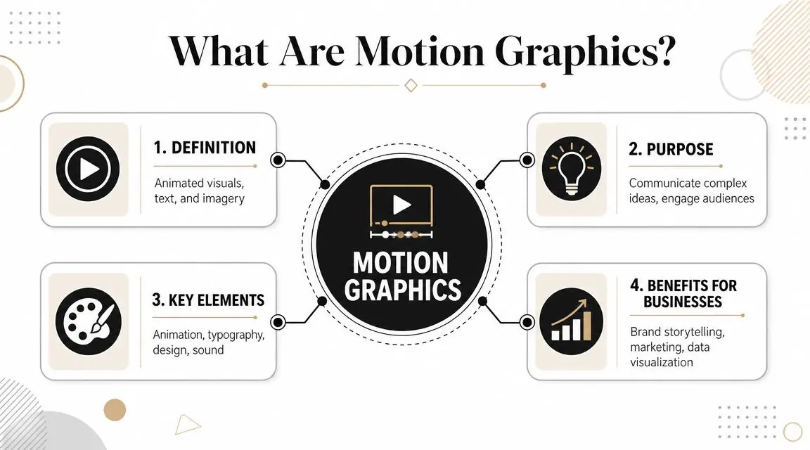 An infographic defining motion graphics with sections on its purpose, key elements, and business benefits.
