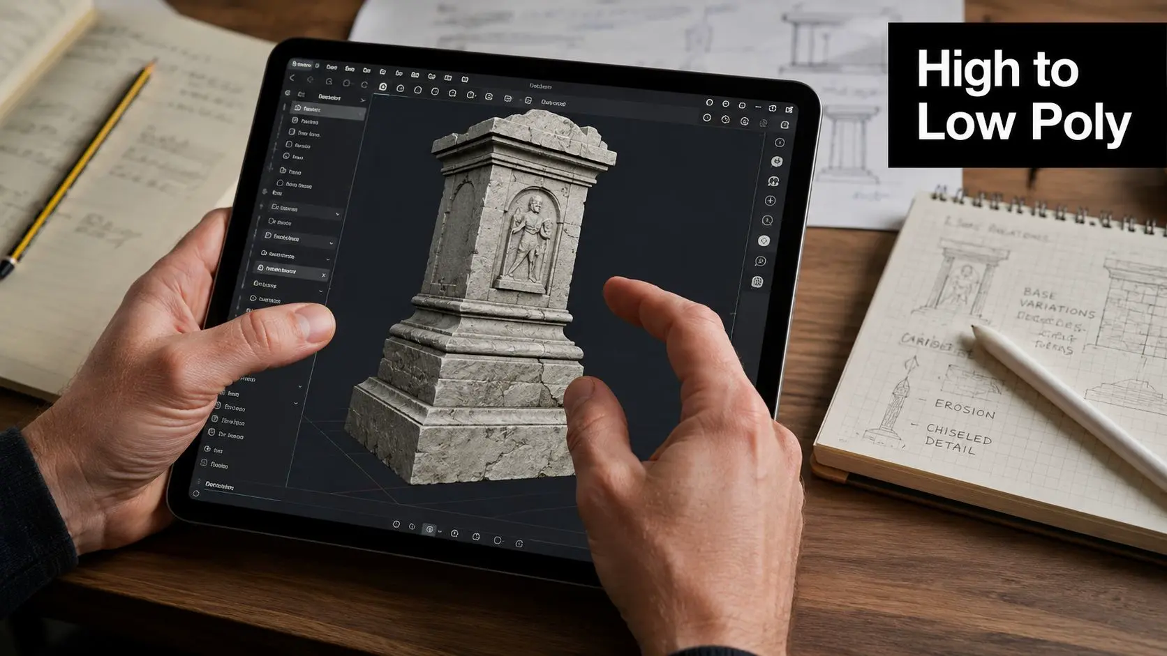 Artist using a tablet to sculpt a detailed 3D stone pedestal model for digital design projects.