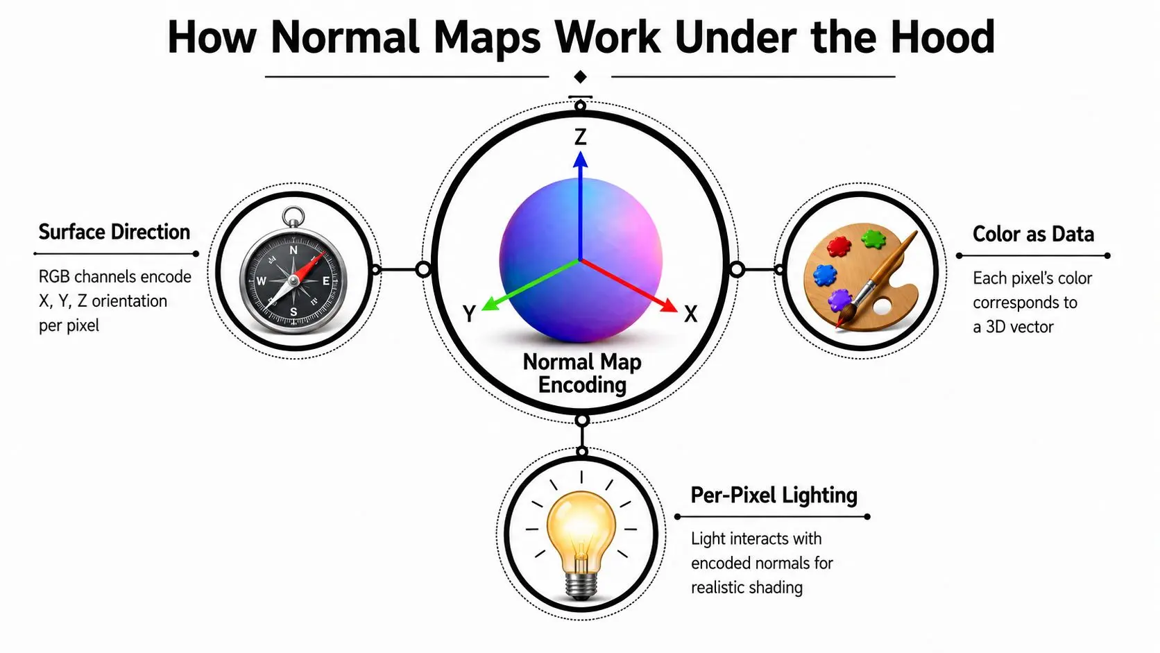 A diagram explaining how normal maps work using 3D vector color encoding for surface lighting and shading.