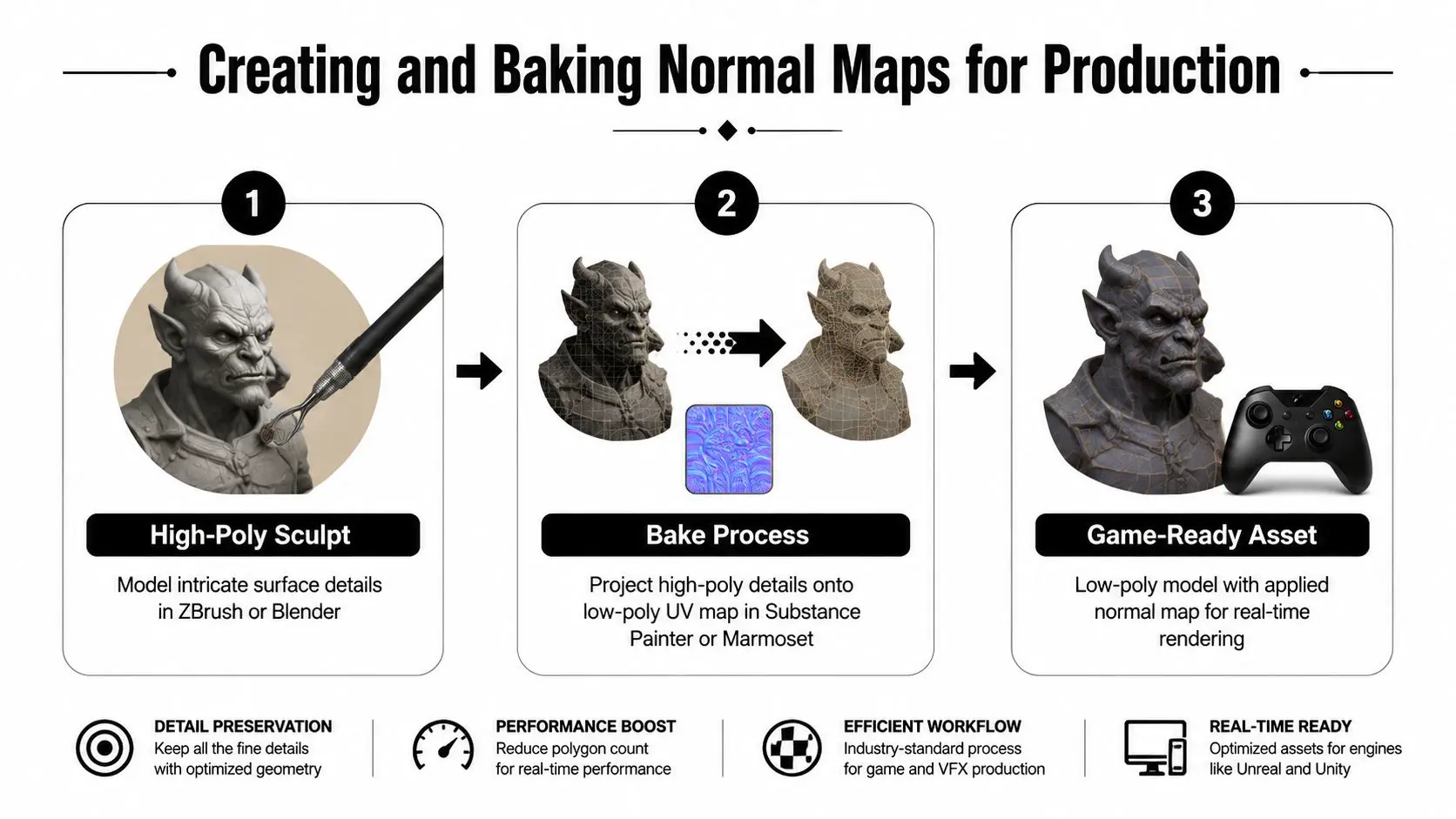 A diagram illustrating the three-step workflow of creating and baking normal maps for 3D game development.