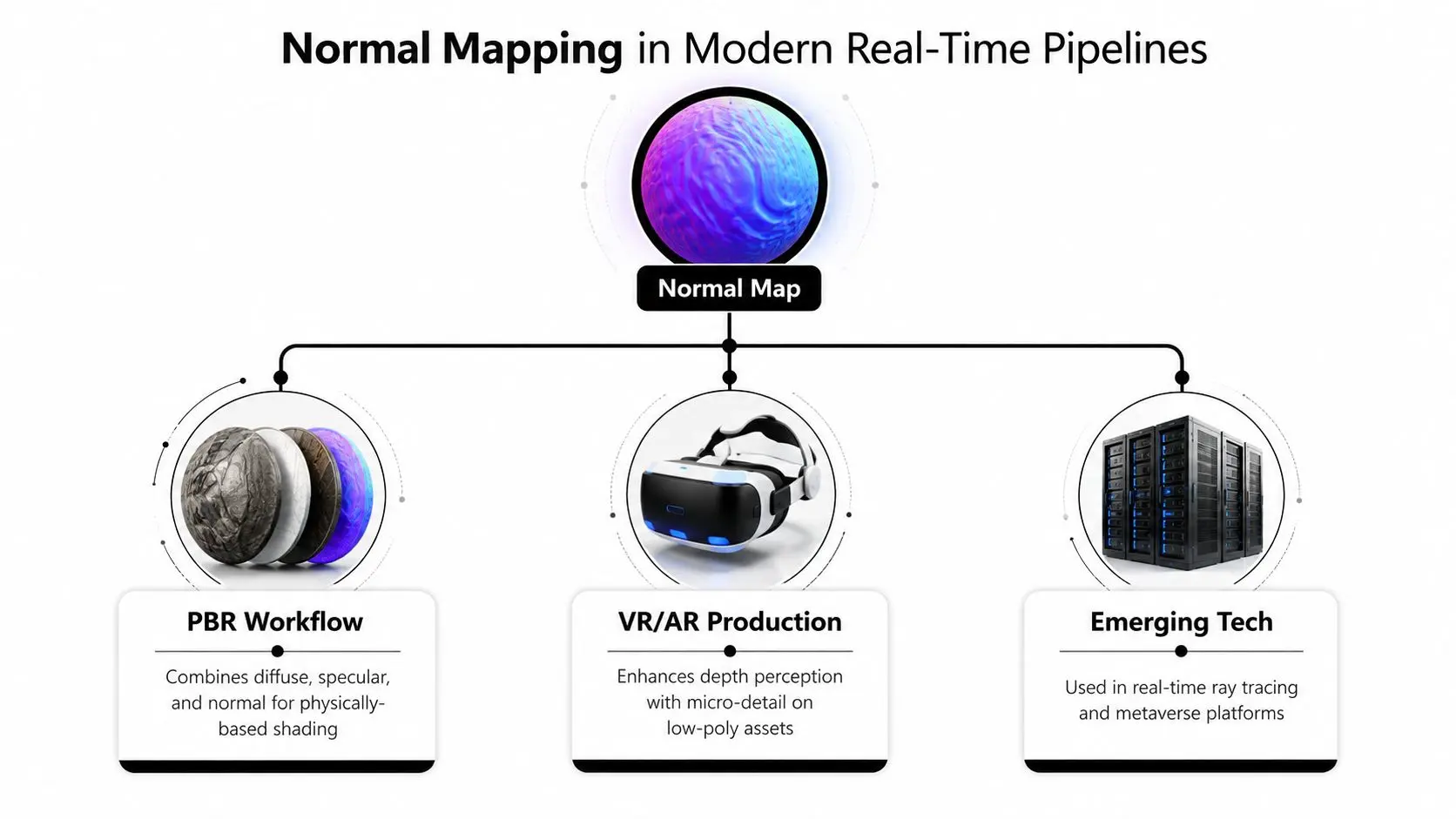 A diagram illustrating normal mapping in modern real-time pipelines for PBR workflows, VR/AR, and emerging technology.