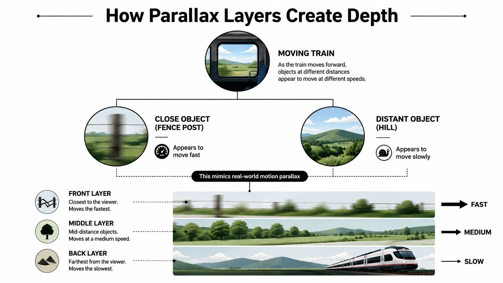 A diagram explaining how parallax layers create depth using a moving train and three landscape layers.