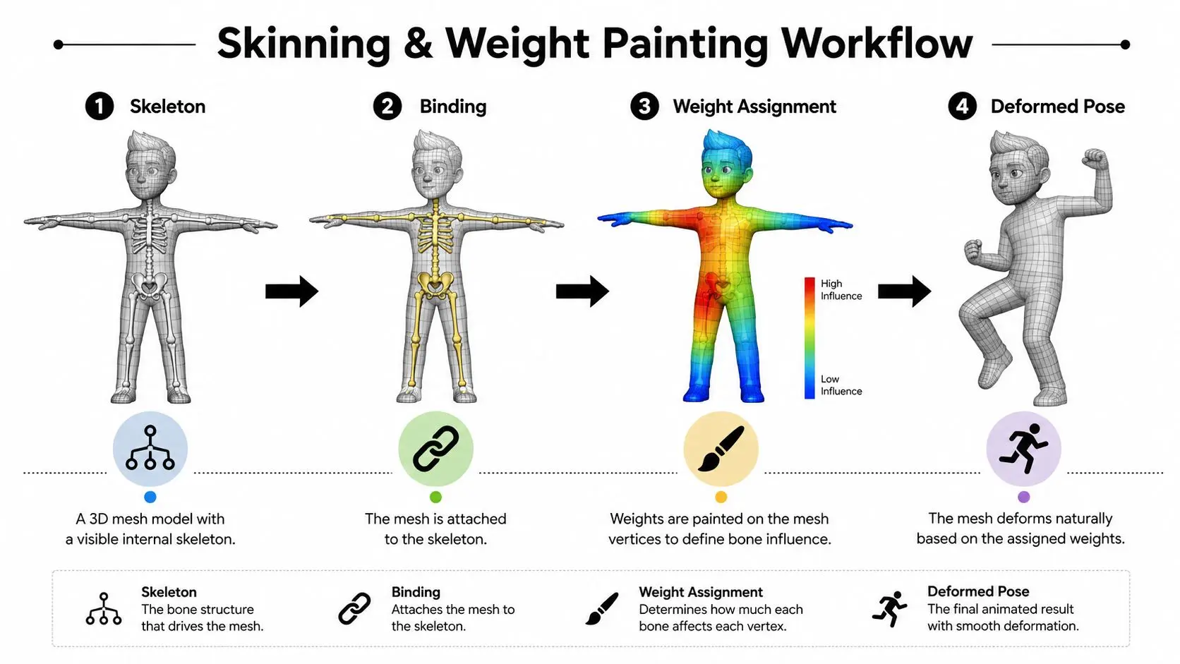 A diagram illustrating the four-step workflow of 3D skeletal animation, including skeleton creation, mesh binding, weight assignment, and posing.