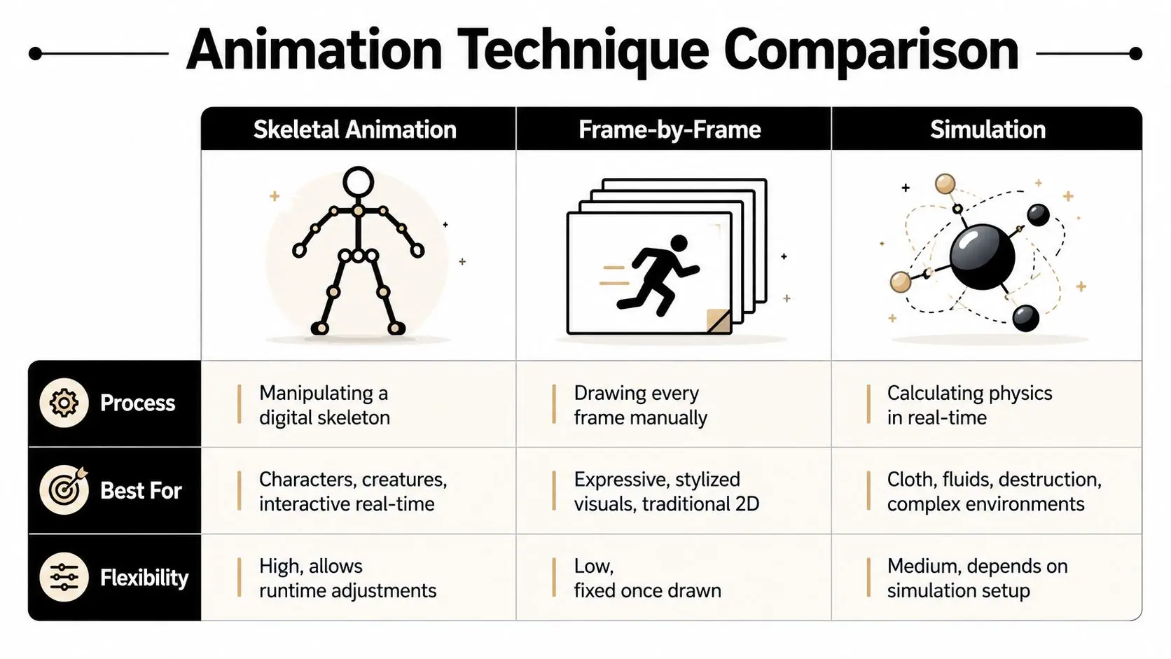 A comparison chart showing the differences between skeletal animation, frame-by-frame animation, and physics simulation techniques.