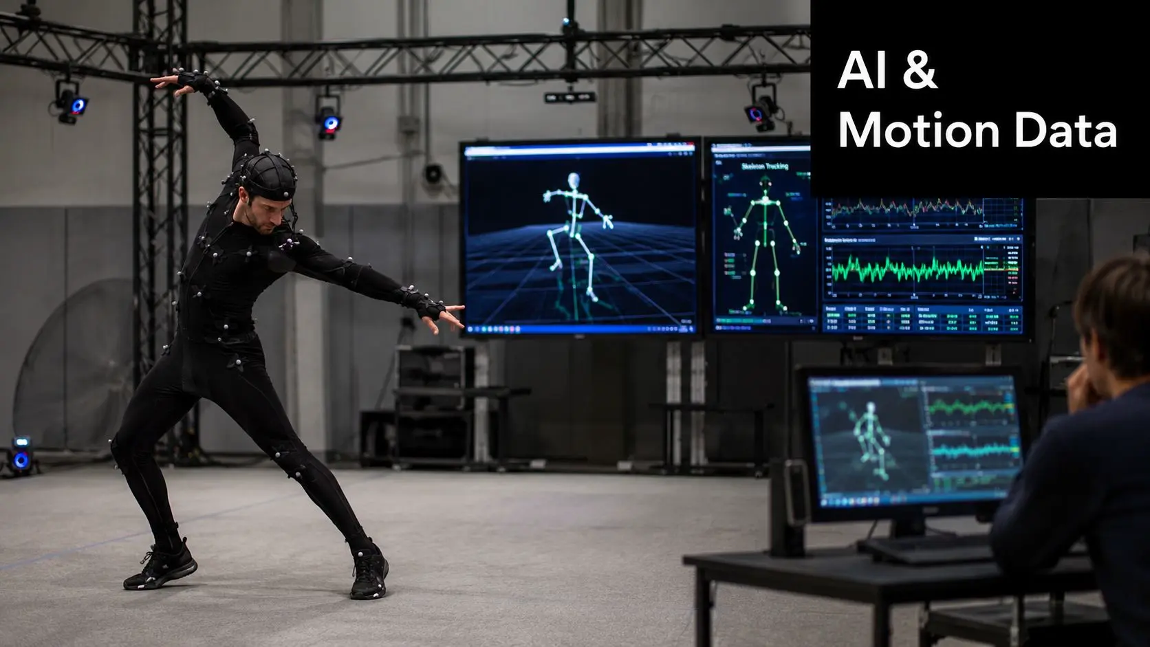 A performer in a motion capture suit records movement data in a high-tech studio with digital screens.