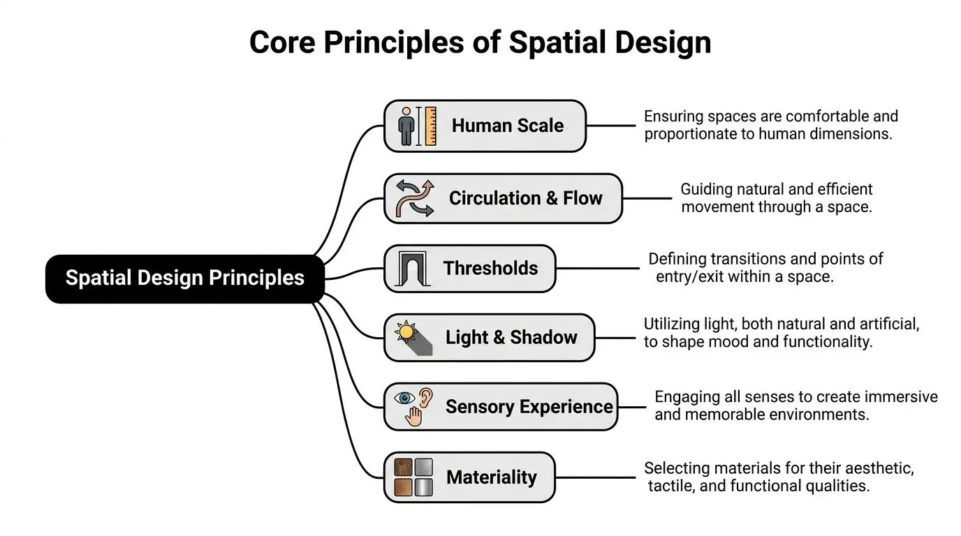 A diagram outlining six core spatial design principles including human scale, circulation, and sensory experience.