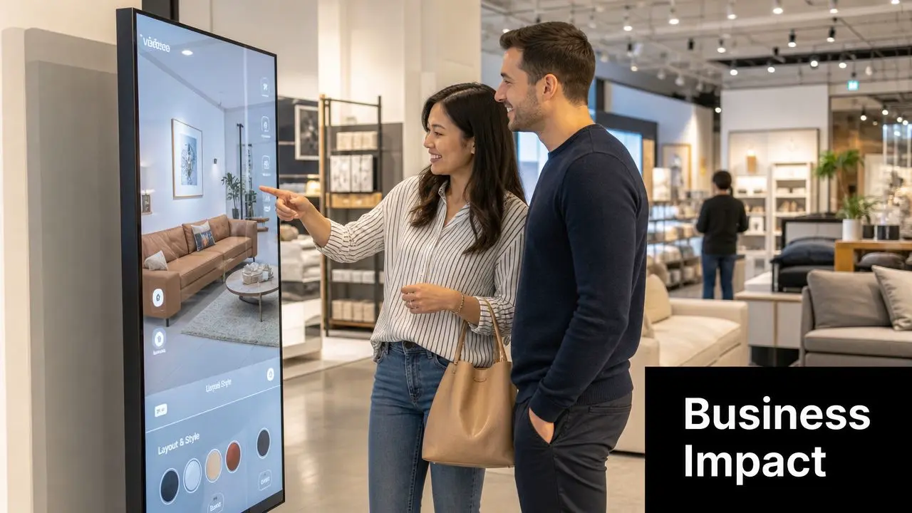 A couple interacts with a digital touch screen kiosk for interior spatial design in a furniture store.