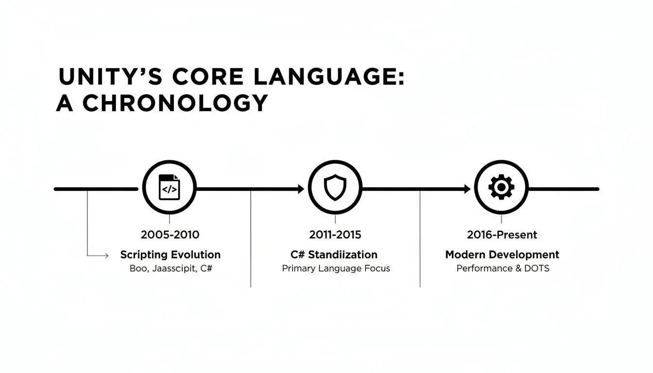 Timeline illustrating Unity's core language evolution: Scripting Evolution, C# Standardization, and Modern Development.
