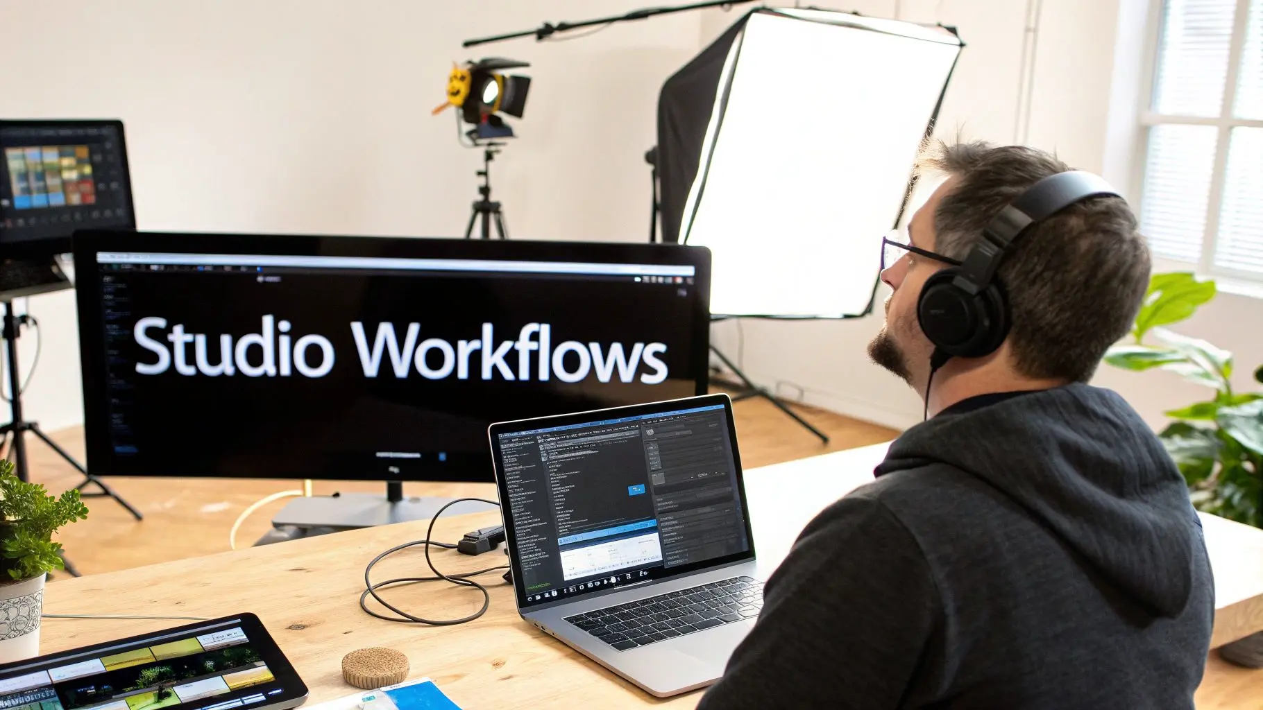 A person in headphones works in a studio, looking at a large monitor displaying 'Studio Workflows' with a laptop.
