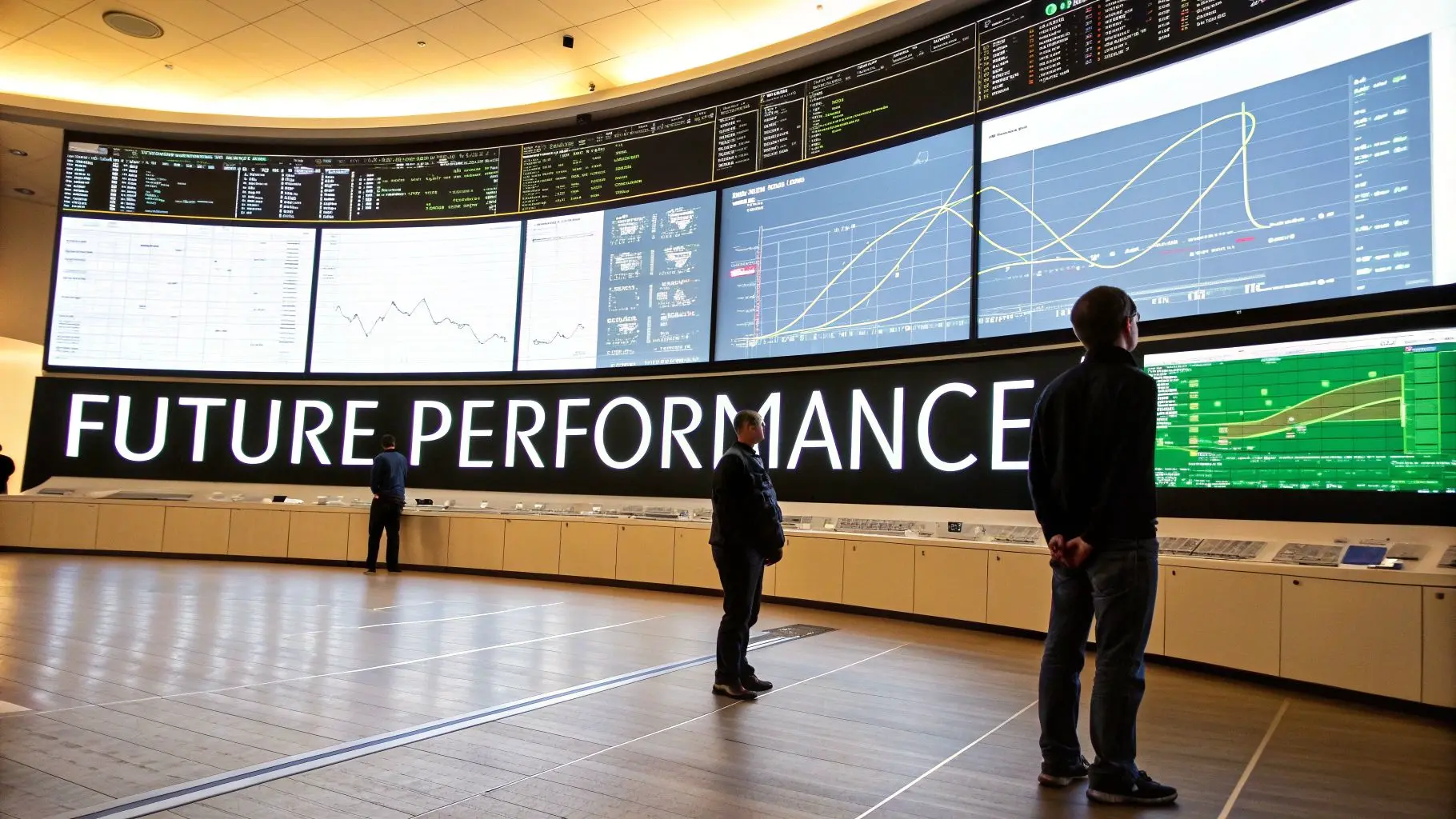 Men observe large data displays with 'FUTURE PERFORMANCE' text in a modern control room.
