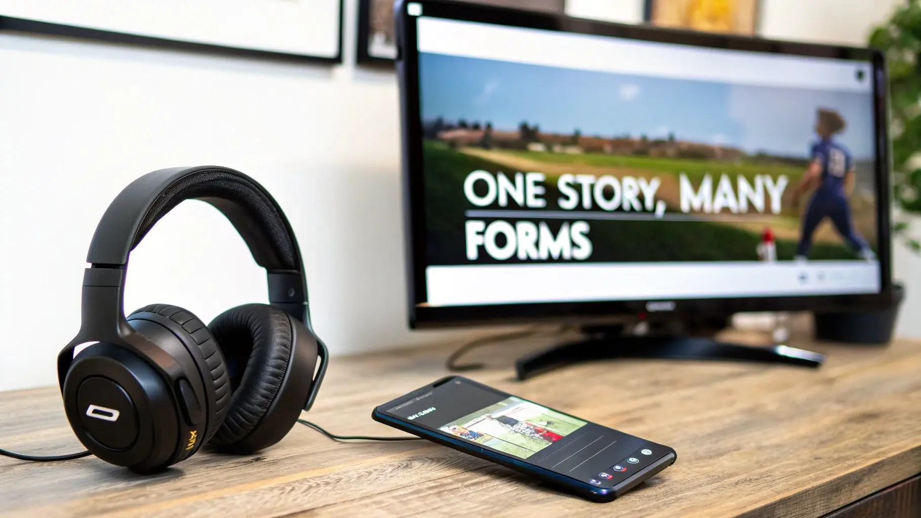 Black headphones, a smartphone, and a TV screen displaying 'ONE STORY, MANY FORMS' on a wooden desk.