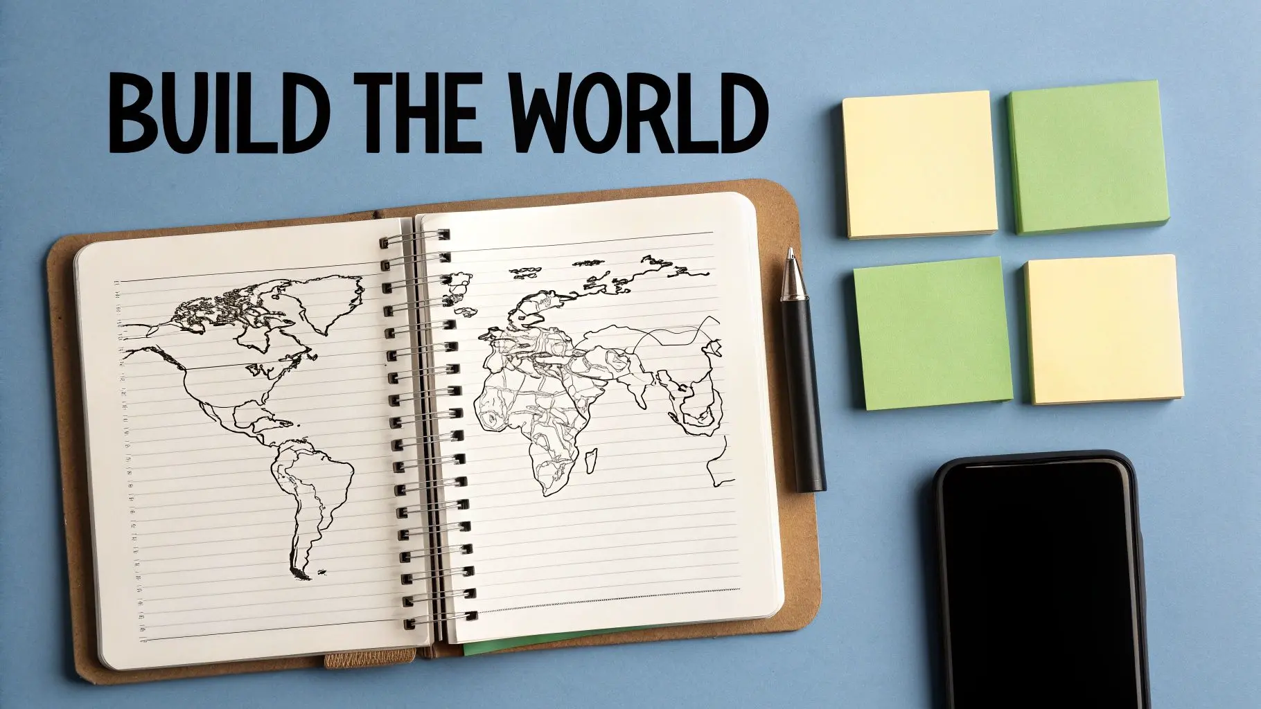 Text 'BUILD THE WORLD' above a notebook with a hand-drawn world map, pen, sticky notes, and phone.