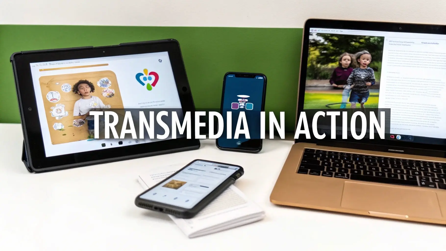Multiple digital devices displaying transmedia content, including a tablet, smartphones, and a laptop.