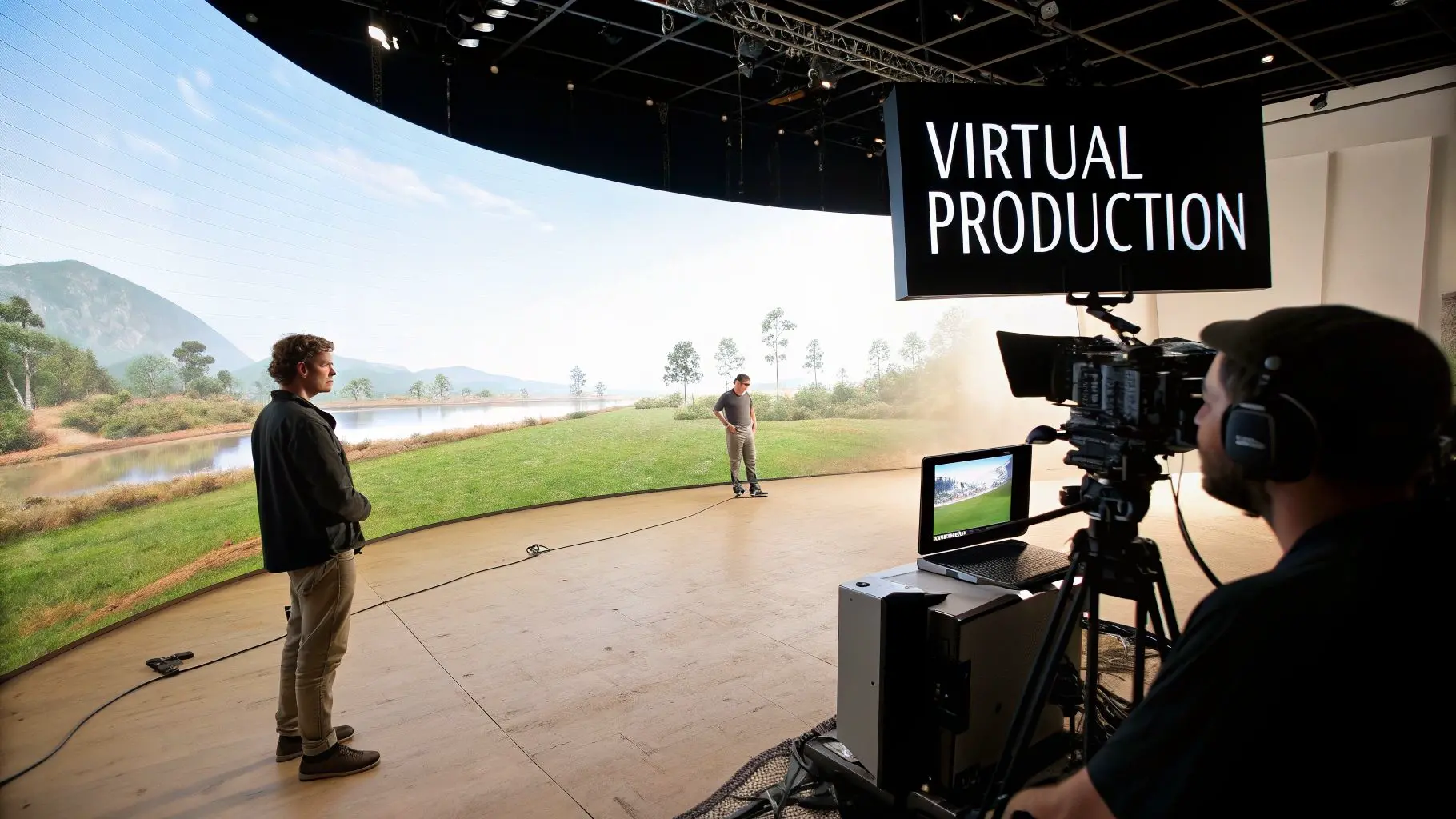 Virtual production studio with a large curved LED screen, two men, and a camera operator filming a scene.