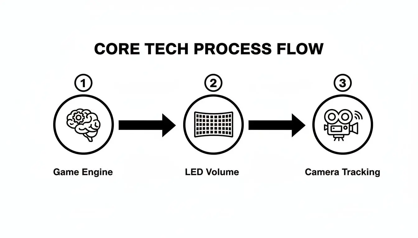 Diagram showing the Core Tech Process Flow: Game Engine, LED Volume, and Camera Tracking for virtual production.