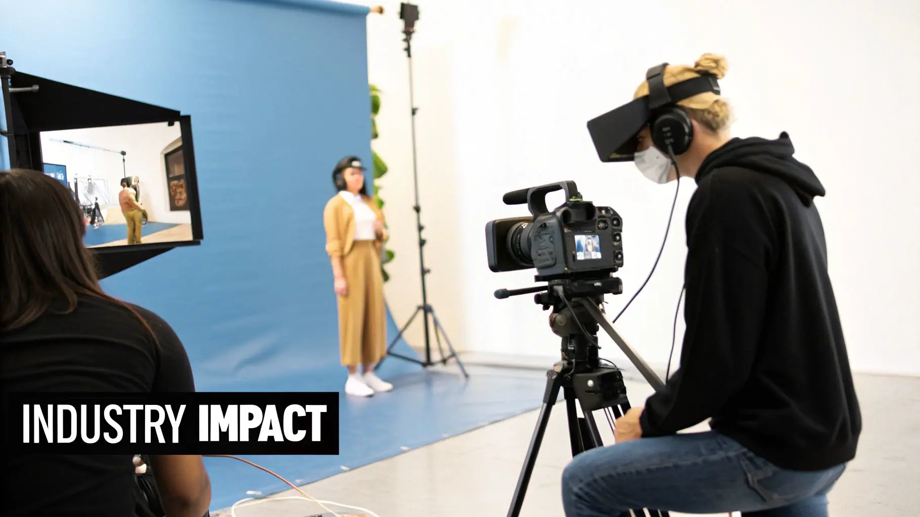 People using virtual reality and video cameras in a studio for content creation.