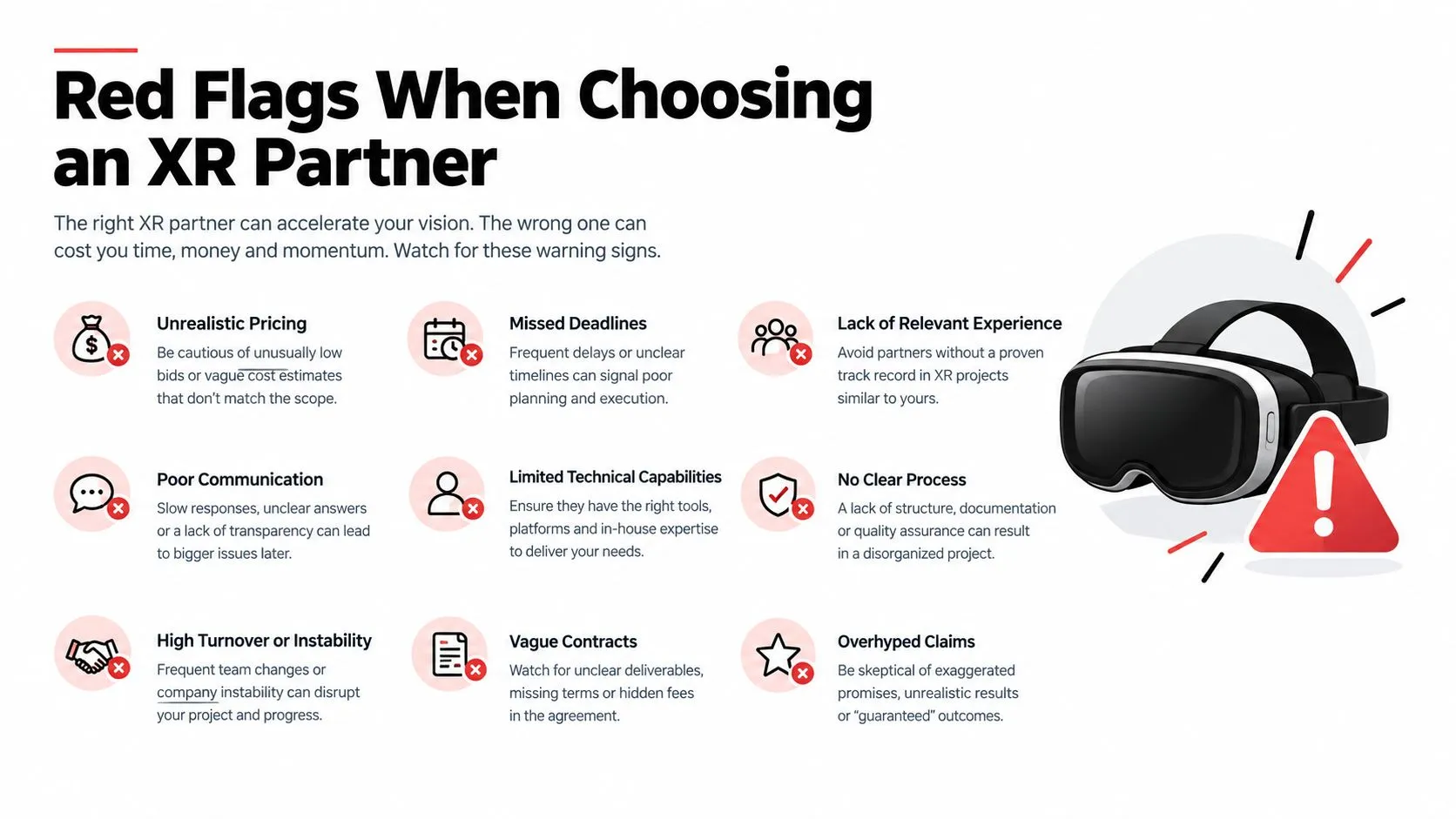 An infographic listing nine common red flags to watch out for when selecting an XR development partner.