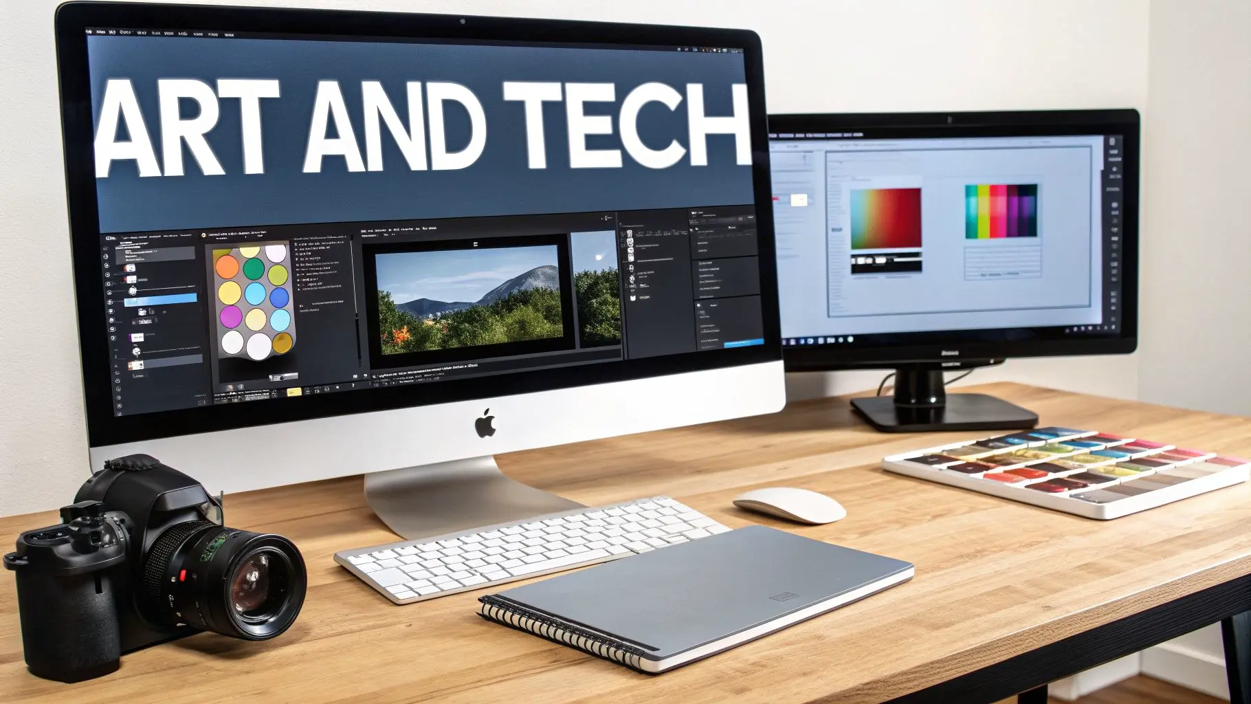 A creative workstation with an iMac displaying 'ART AND TECH', a camera, and design tools.