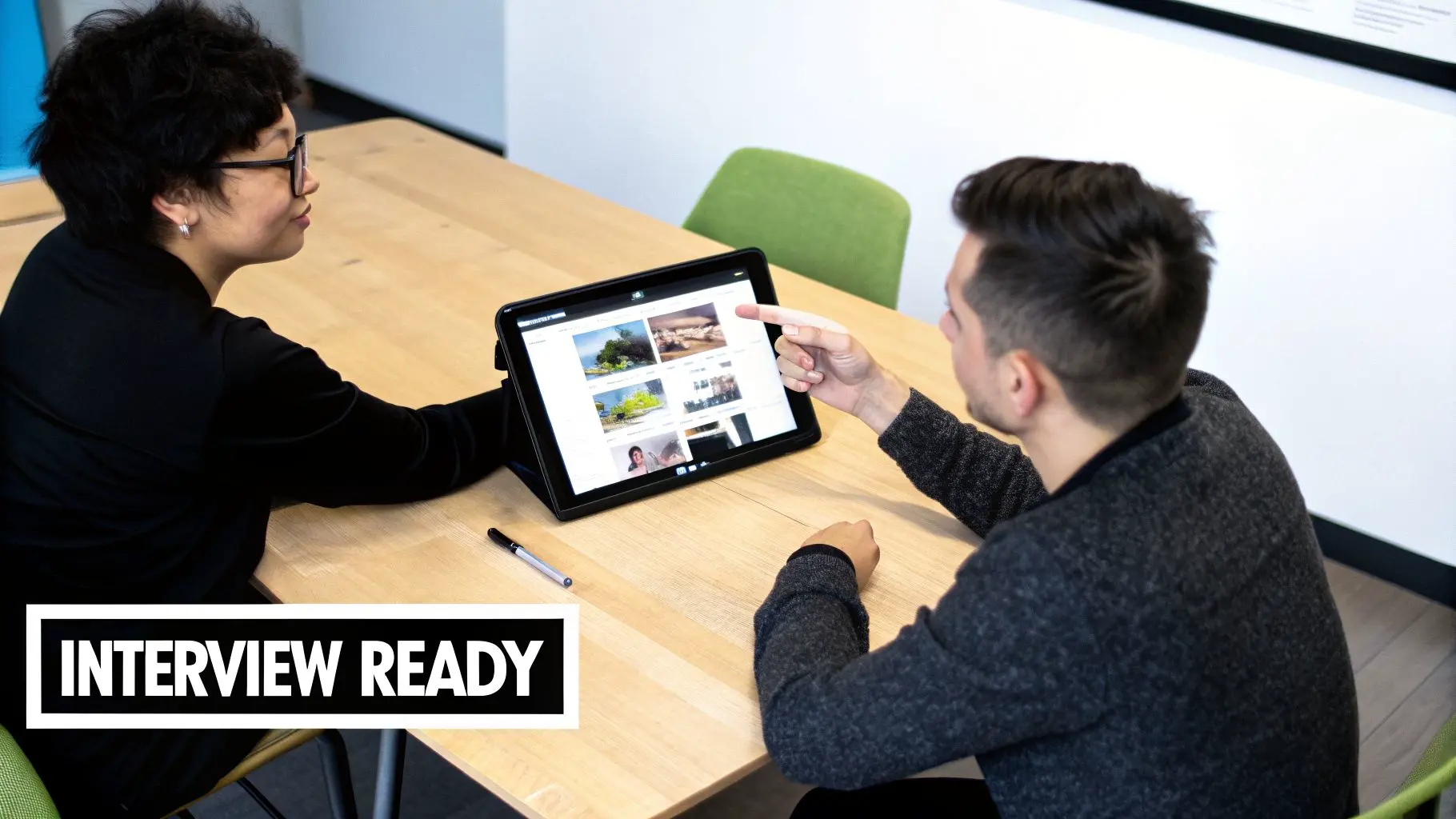 Two individuals reviewing a presentation on a tablet, preparing for an interview.