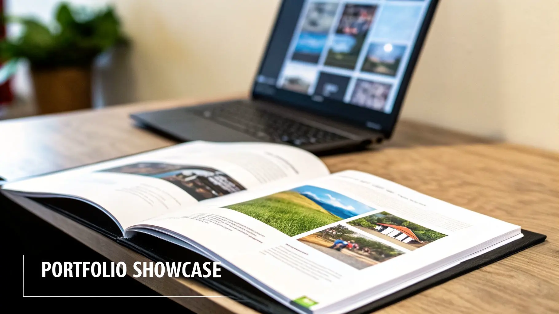 A desk showcasing a printed portfolio of environmental art and a laptop with a digital gallery.