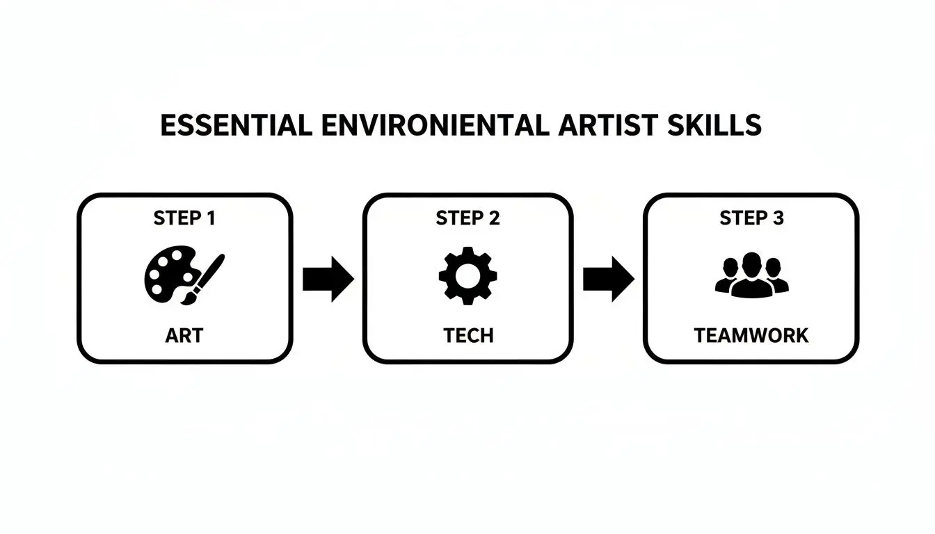 Diagram showing essential environmental artist skills: art, tech, and teamwork, as a three-step process.