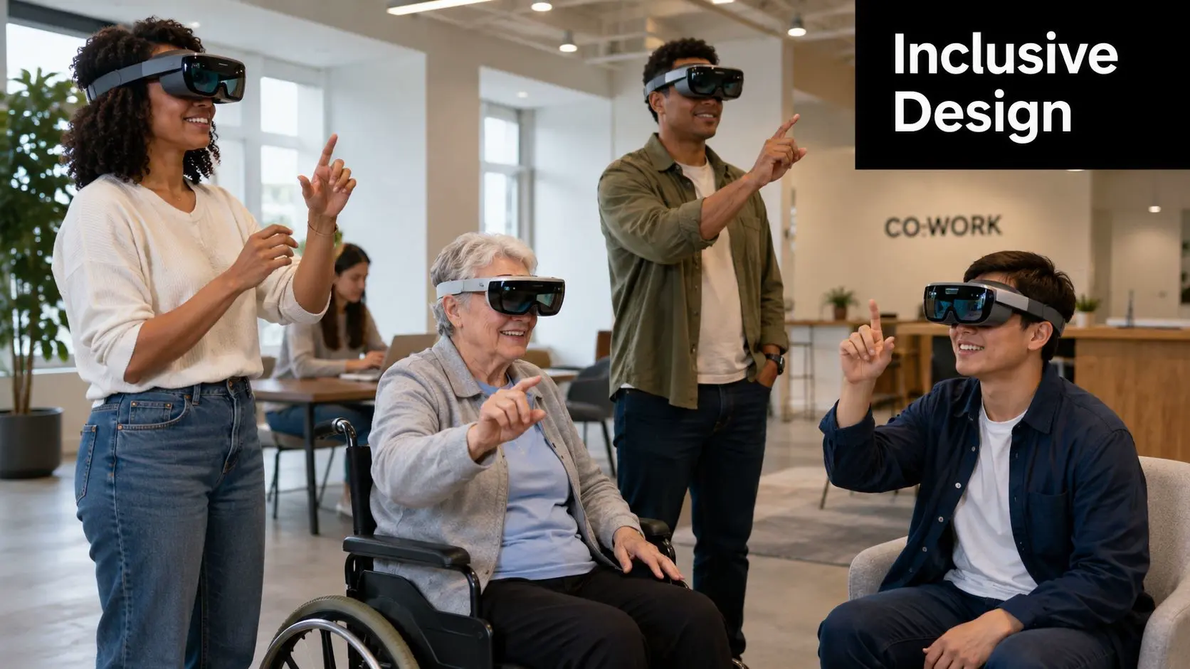 A diverse group of people using augmented reality headsets for an immersive collaborative digital experience.