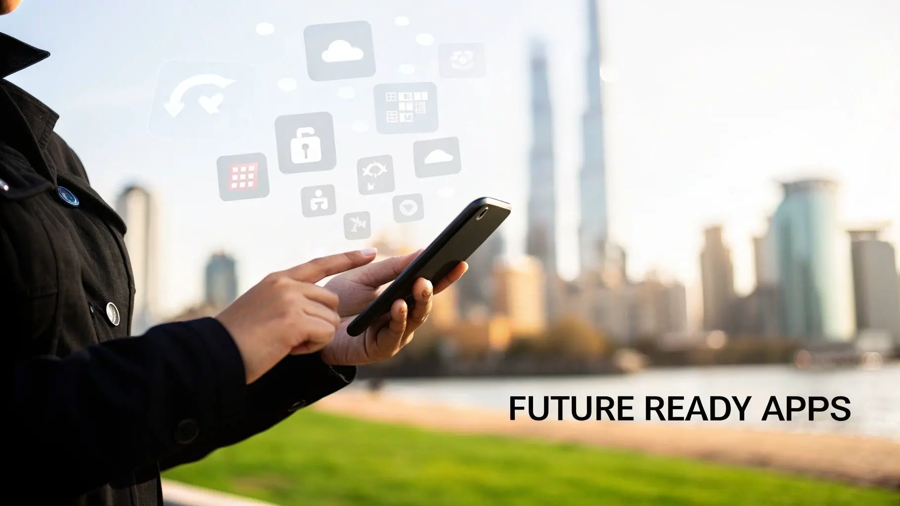 Person using a smartphone with floating app icons against a city skyline, promoting future-ready apps.