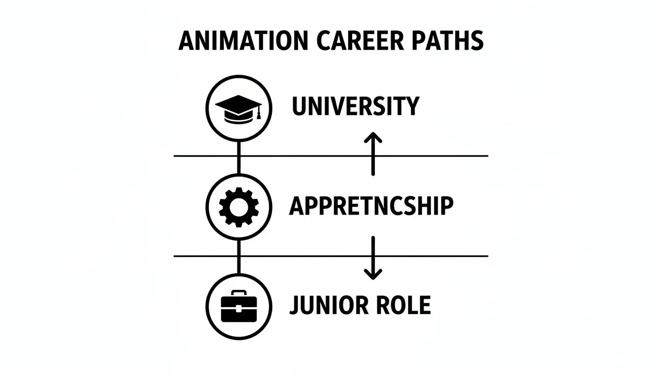 Diagram showing animation career paths including university, apprenticeship, and junior role stages.