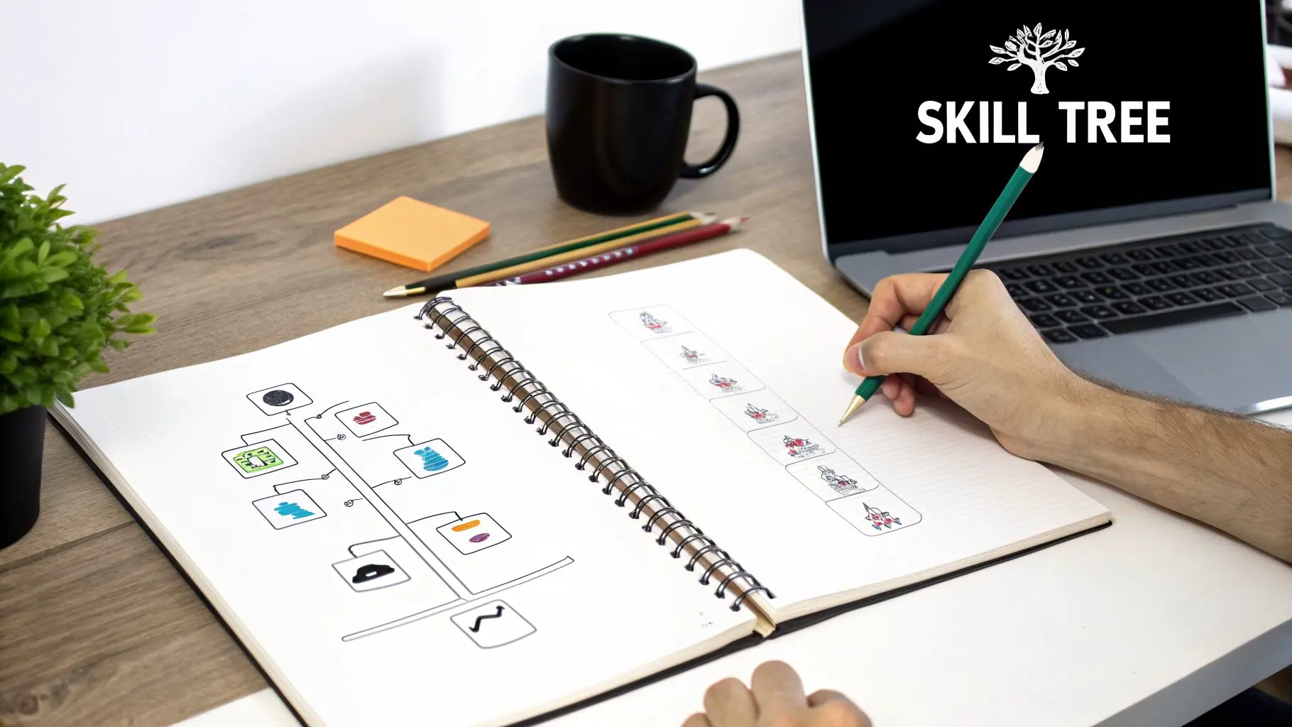 A person drawing a skill tree diagram in a notebook, with a laptop displaying 'SKILL TREE'.