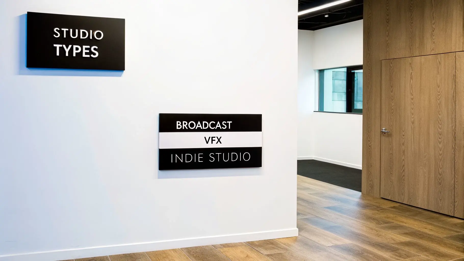 Two black signs on a white wall list different studio types: Broadcast, VFX, and Indie Studio.