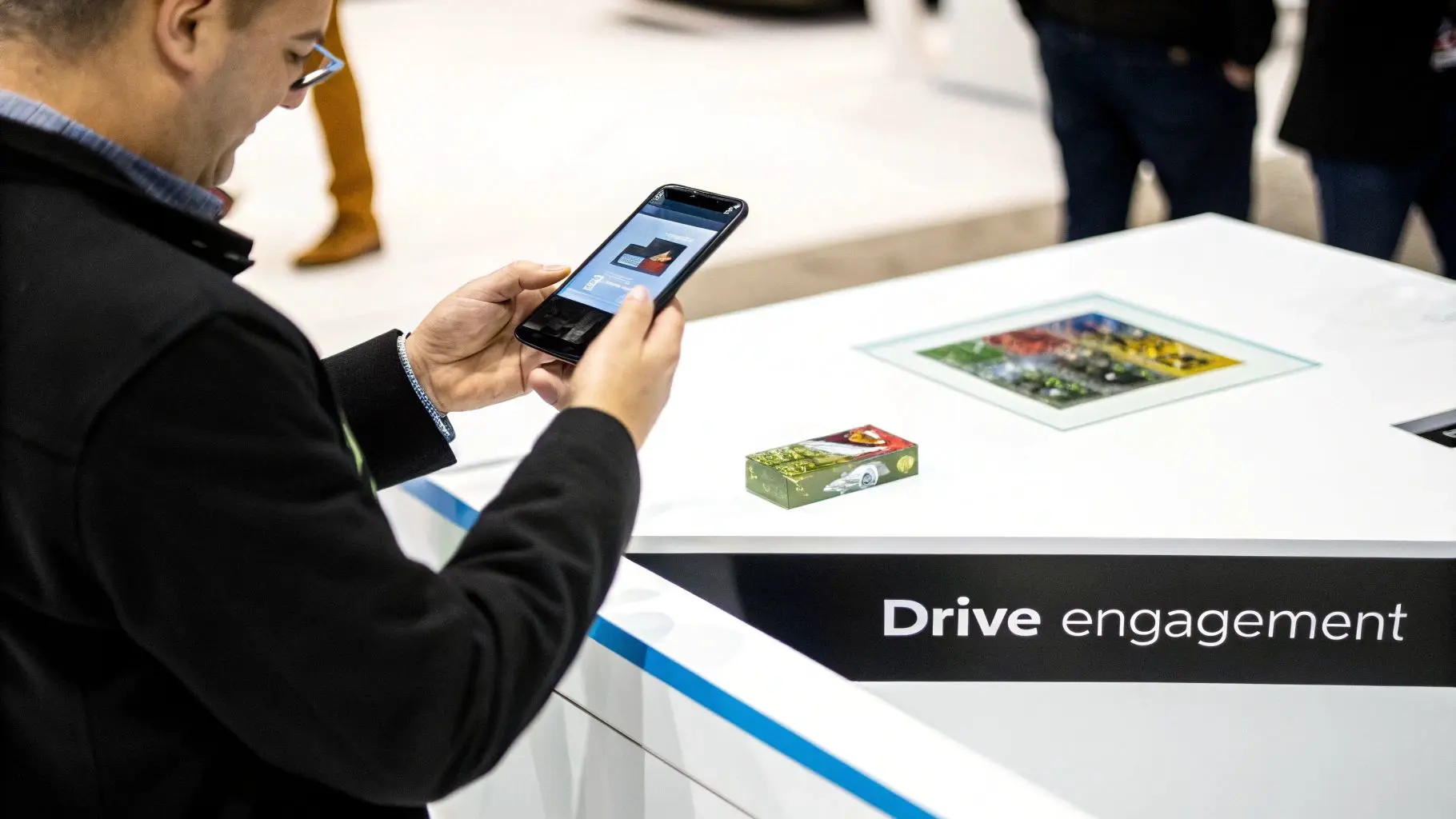 A hand holding a business card that displays a floating 3D model of a car when viewed through a smartphone.