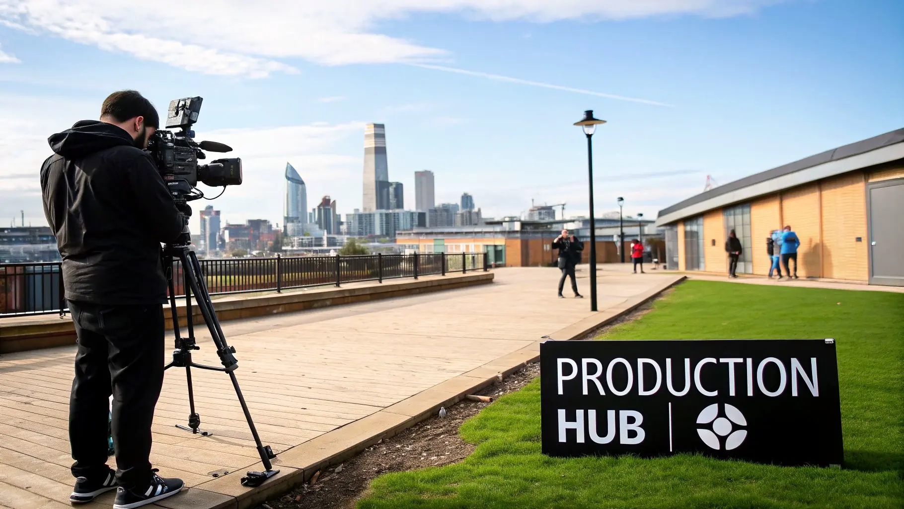 A videographer films a cityscape with a professional camera on a tripod near a 'PRODUCTION HUB' sign.