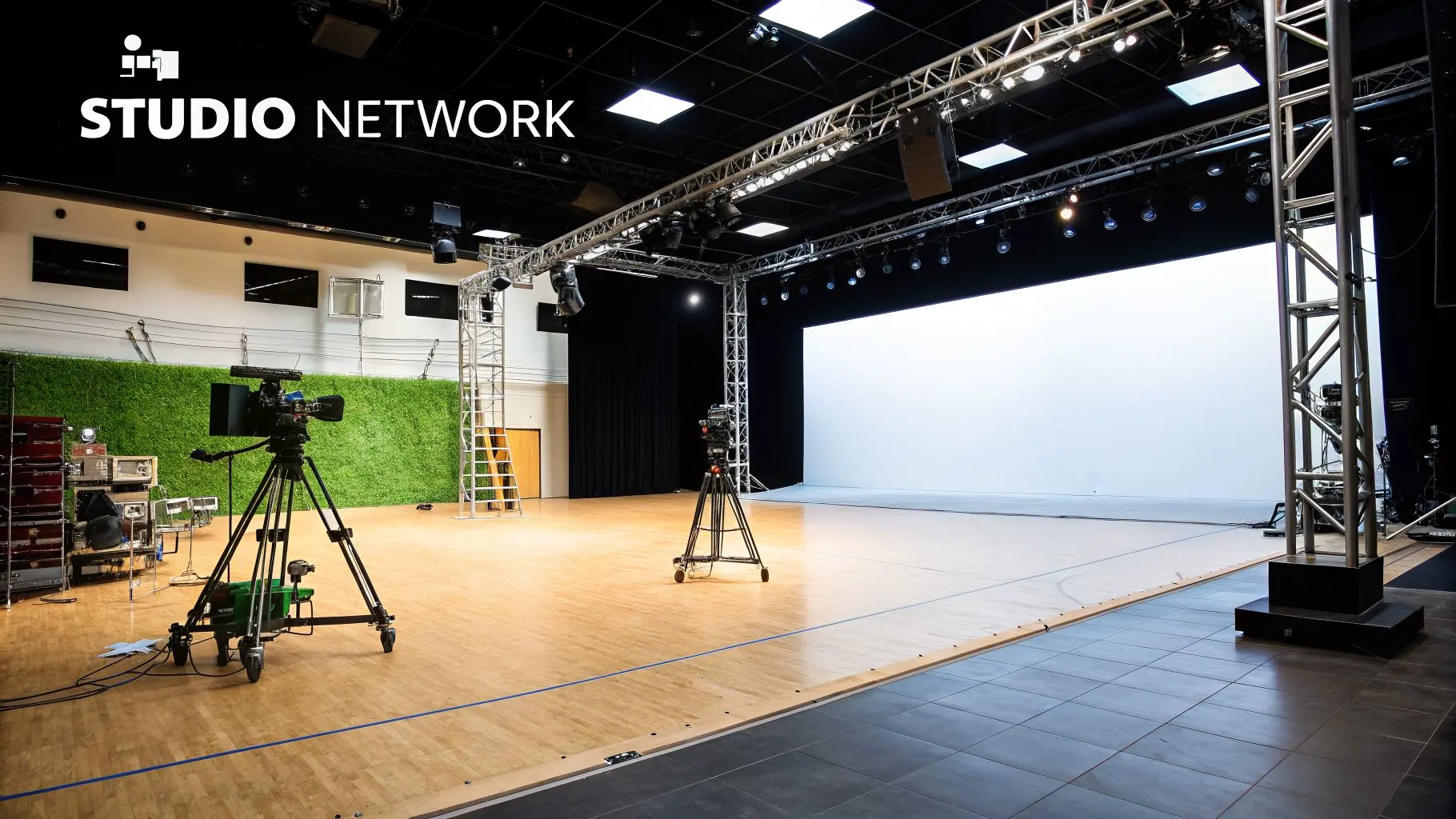 A well-equipped, empty film and TV studio with cameras, lighting rigs, and screens.