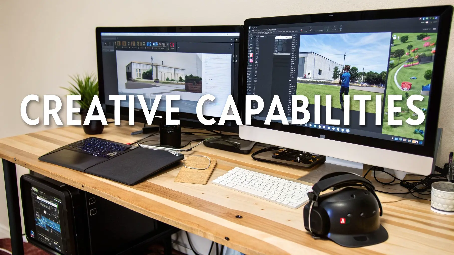 A professional creative workspace with dual monitors displaying design software and various tech gadgets.