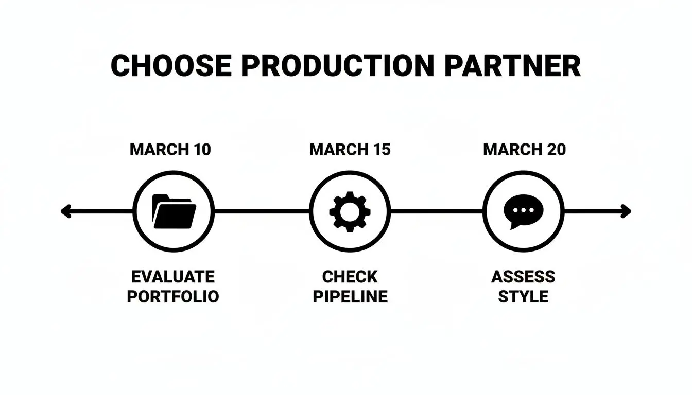 A clear timeline for choosing a production partner, with steps like evaluate portfolio, check pipeline, and assess style.