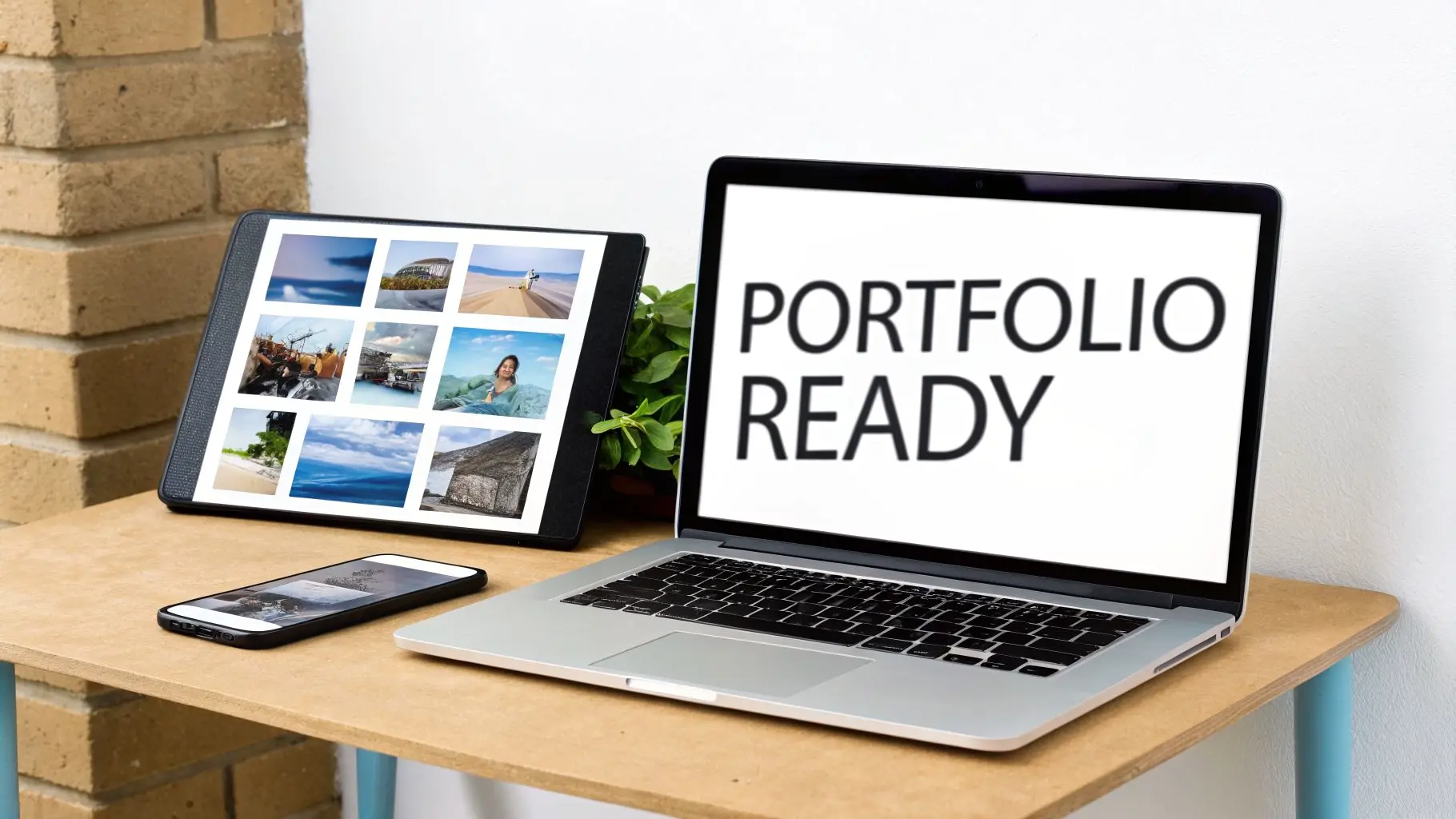A sleek laptop with 'PORTFOLIO READY' text, a tablet showing a photo gallery, and a smartphone on a wooden desk.
