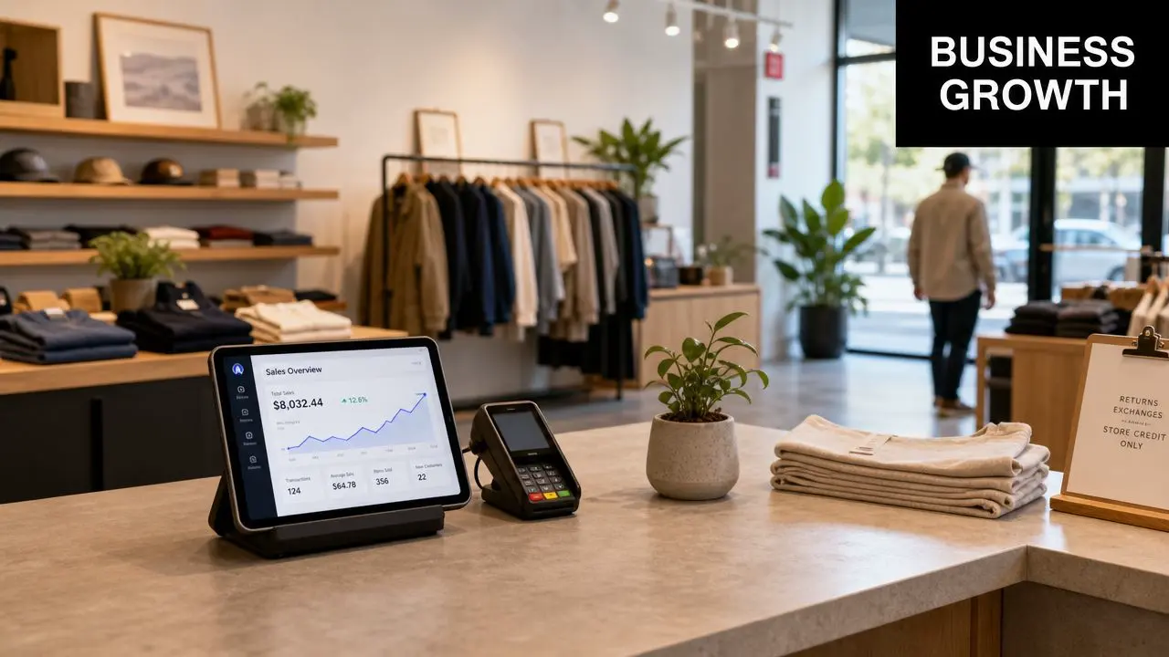 A digital POS tablet showing sales analytics on a store counter next to a card payment terminal.
