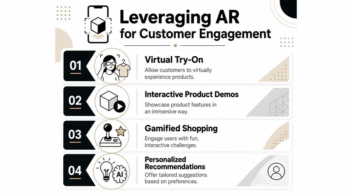 An infographic titled Leveraging AR for Customer Engagement showing four interactive retail technology strategies.