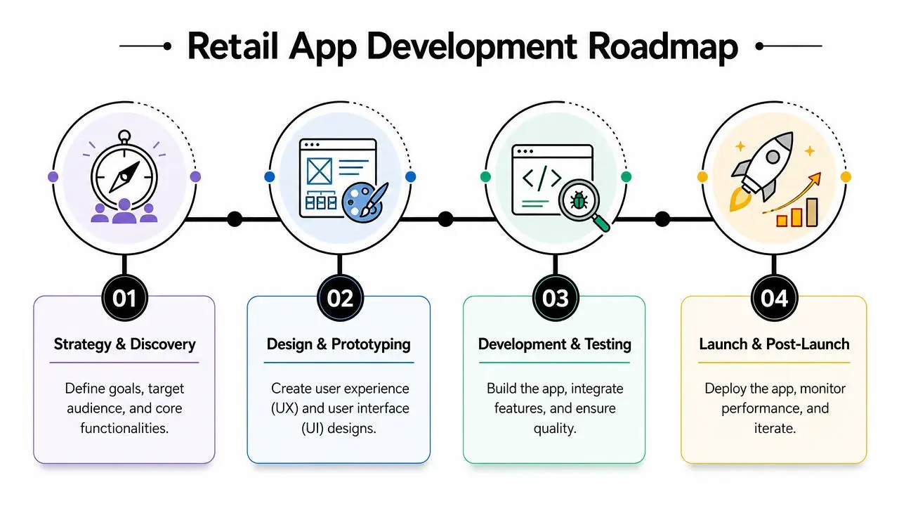 A four-step retail app development roadmap infographic showing strategy, design, development, and launch phases.
