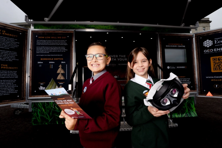 Kids playing with VR headsets at GeoEnergy NI